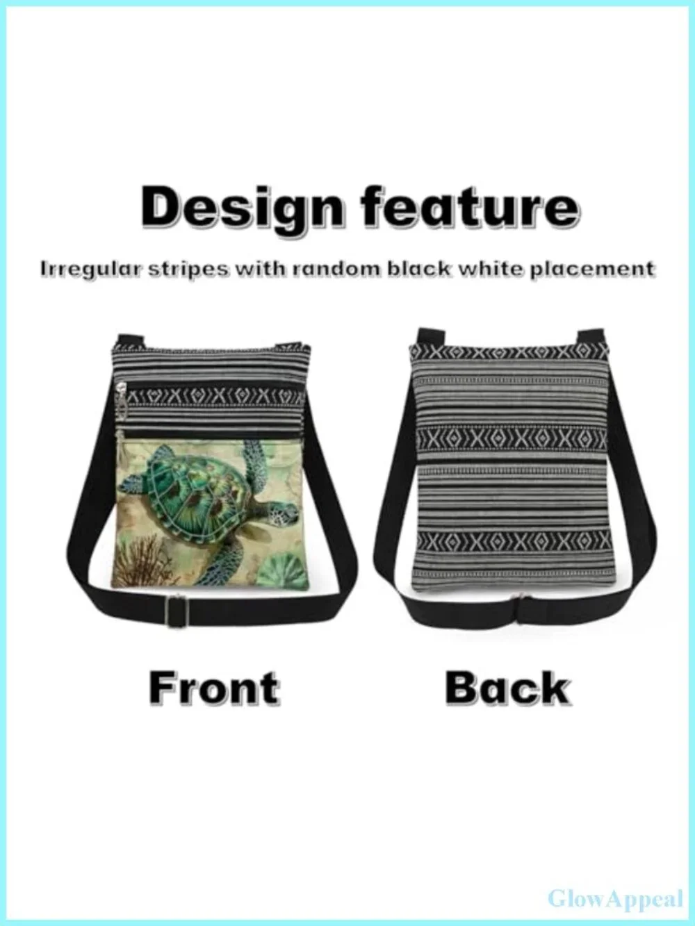 Turtle Crossbody Bag Polyester Sling Adjustable Strap Double Zipper